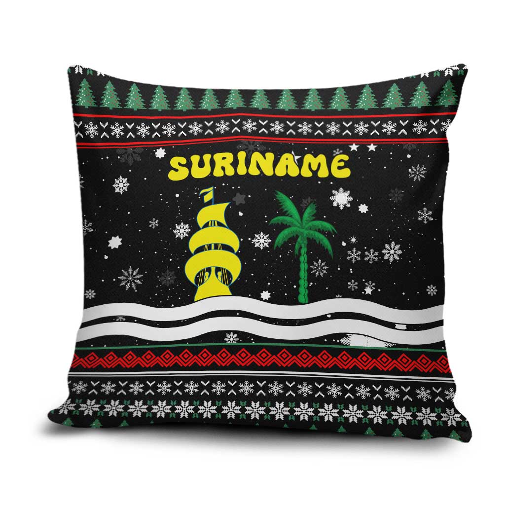 Suriname Christmas Pillow Cover with Black Festive Pattern, Golden Ship, Palm Tree, and Coat of Arms Motif - Wonder Print Shop