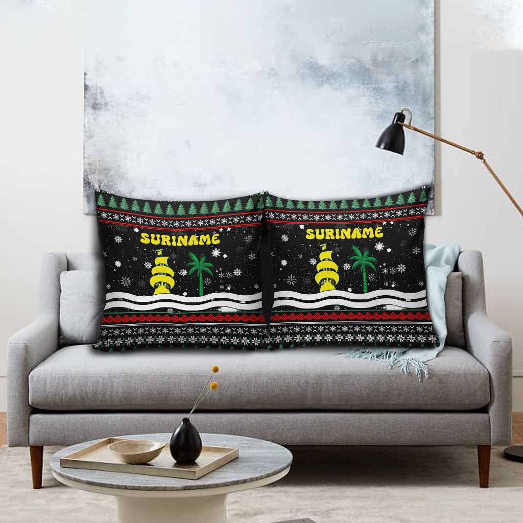 Suriname Christmas Pillow Cover with Black Festive Pattern, Golden Ship, Palm Tree, and Coat of Arms Motif - Wonder Print Shop