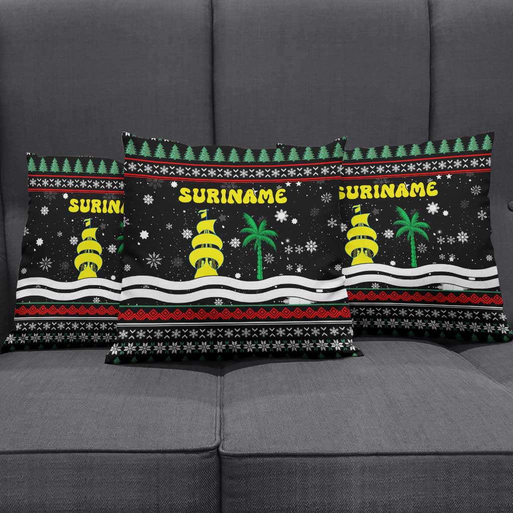 Suriname Christmas Pillow Cover with Black Festive Pattern, Golden Ship, Palm Tree, and Coat of Arms Motif - Wonder Print Shop