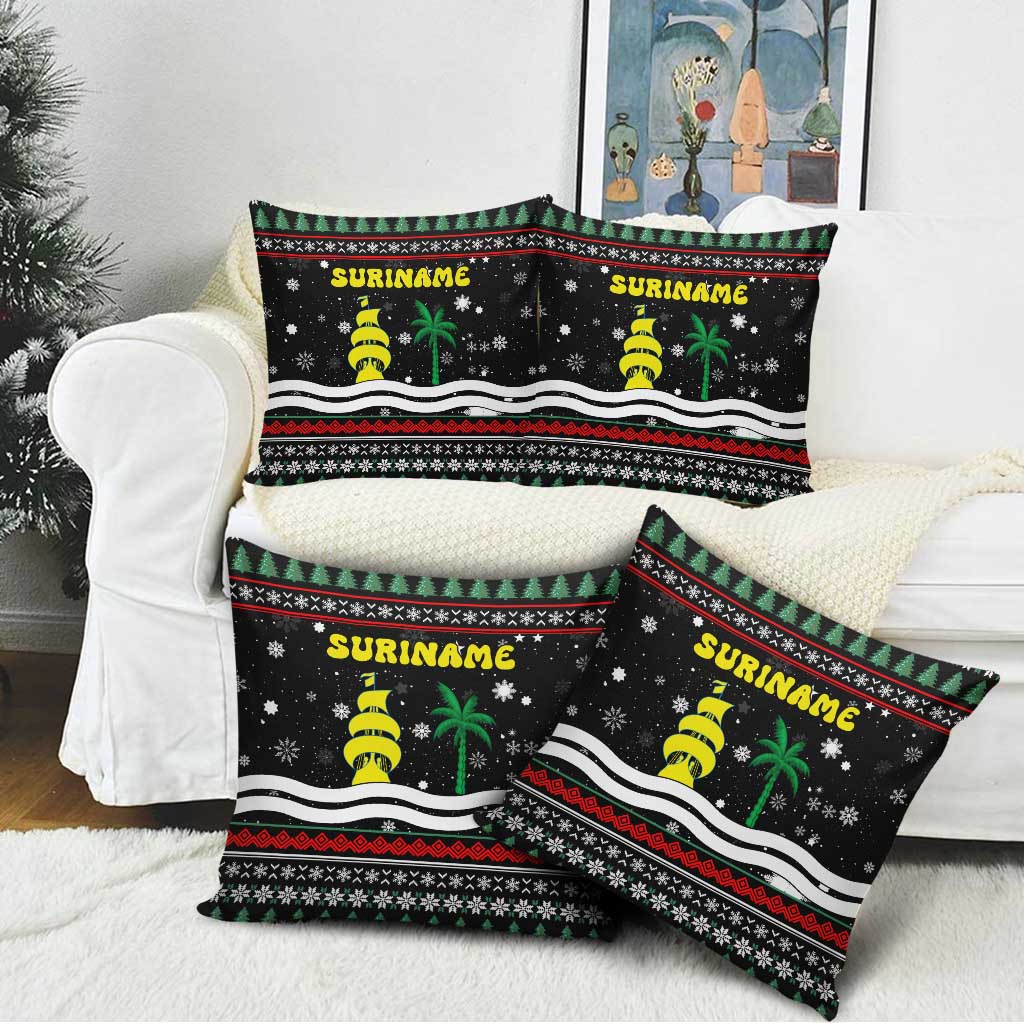 Suriname Christmas Pillow Cover with Black Festive Pattern, Golden Ship, Palm Tree, and Coat of Arms Motif - Wonder Print Shop