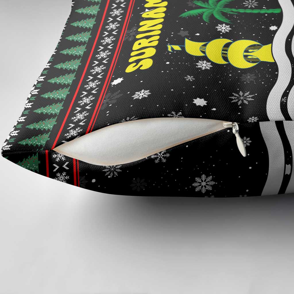 Suriname Christmas Pillow Cover with Black Festive Pattern, Golden Ship, Palm Tree, and Coat of Arms Motif - Wonder Print Shop