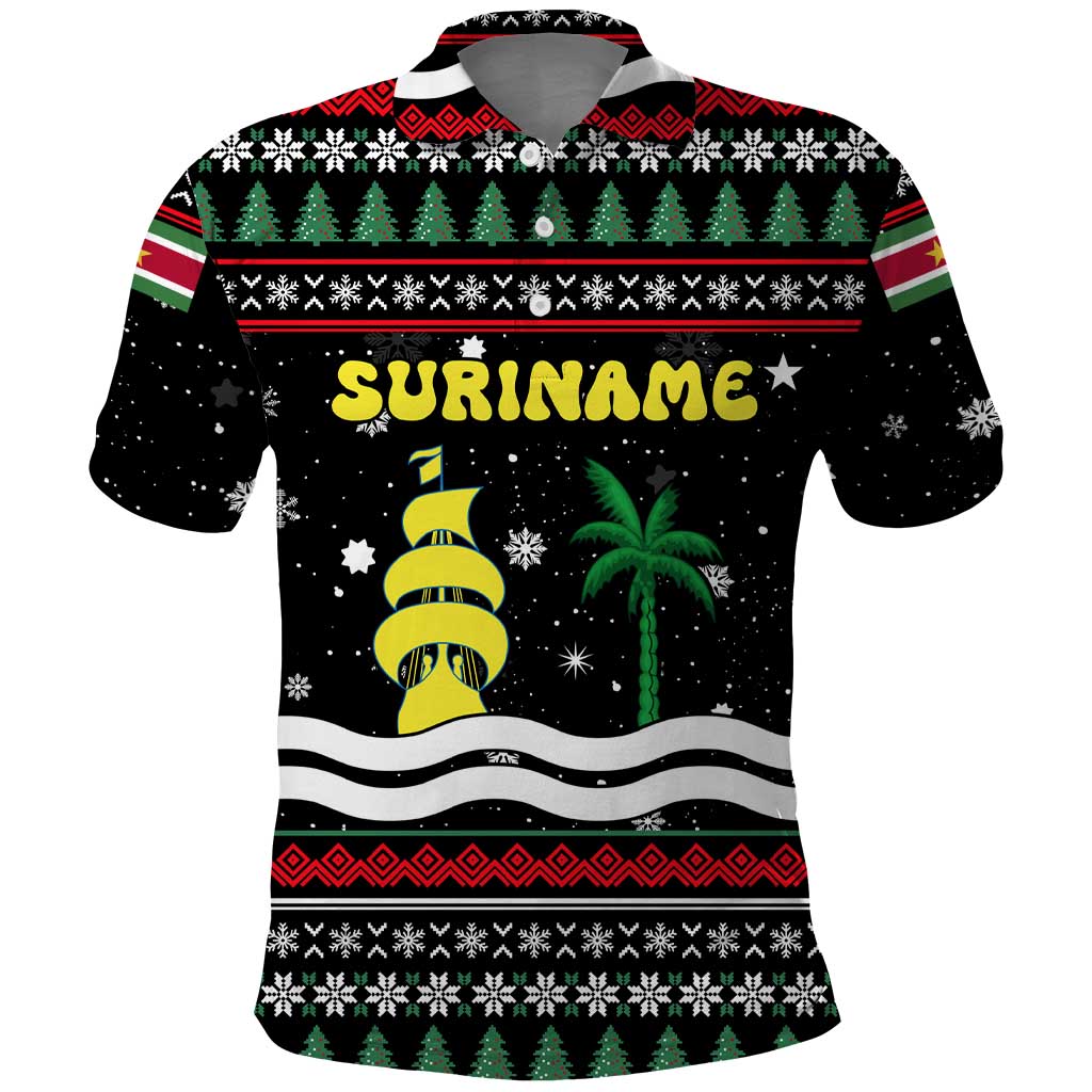 Suriname Christmas Polo Shirt with Black Festive Pattern, Golden Ship, Palm Tree, and Coat of Arms Motif - Wonder Print Shop