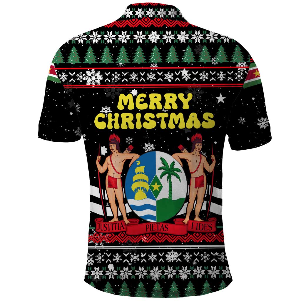 Suriname Christmas Polo Shirt with Black Festive Pattern, Golden Ship, Palm Tree, and Coat of Arms Motif - Wonder Print Shop