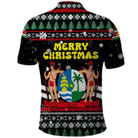Suriname Christmas Polo Shirt with Black Festive Pattern, Golden Ship, Palm Tree, and Coat of Arms Motif - Wonder Print Shop