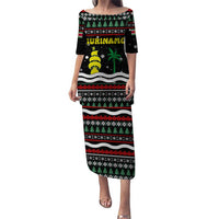 Suriname Christmas Puletasi with Black Festive Pattern, Golden Ship, Palm Tree, and Coat of Arms Motif - Wonder Print Shop