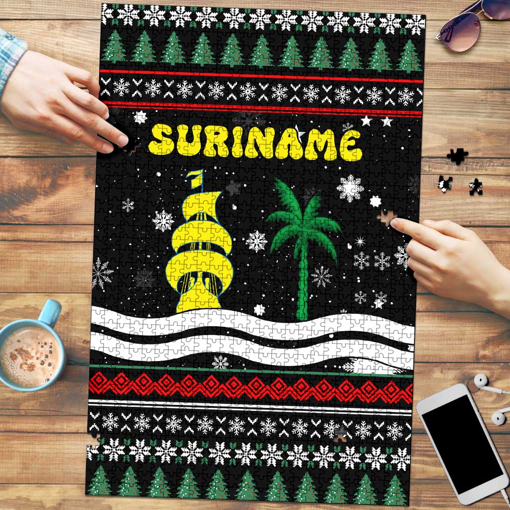 Suriname Christmas Puzzle with Black Festive Pattern, Golden Ship, Palm Tree, and Coat of Arms Motif - Wonder Print Shop