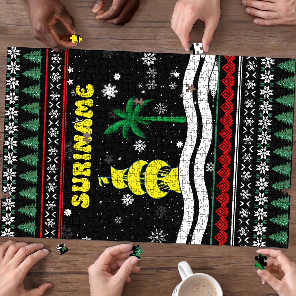 Suriname Christmas Puzzle with Black Festive Pattern, Golden Ship, Palm Tree, and Coat of Arms Motif - Wonder Print Shop