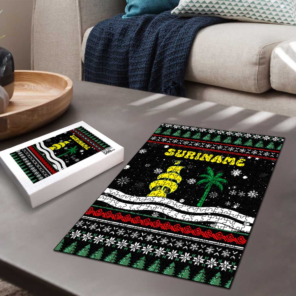 Suriname Christmas Puzzle with Black Festive Pattern, Golden Ship, Palm Tree, and Coat of Arms Motif - Wonder Print Shop