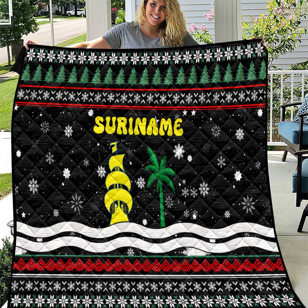 Suriname Christmas Quilt with Black Festive Pattern, Golden Ship, Palm Tree, and Coat of Arms Motif - Wonder Print Shop