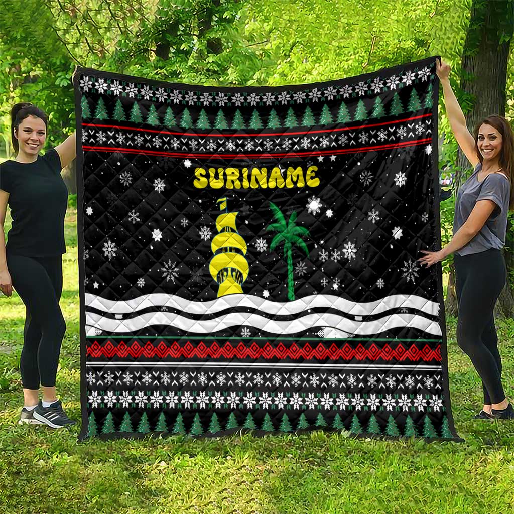 Suriname Christmas Quilt with Black Festive Pattern, Golden Ship, Palm Tree, and Coat of Arms Motif - Wonder Print Shop