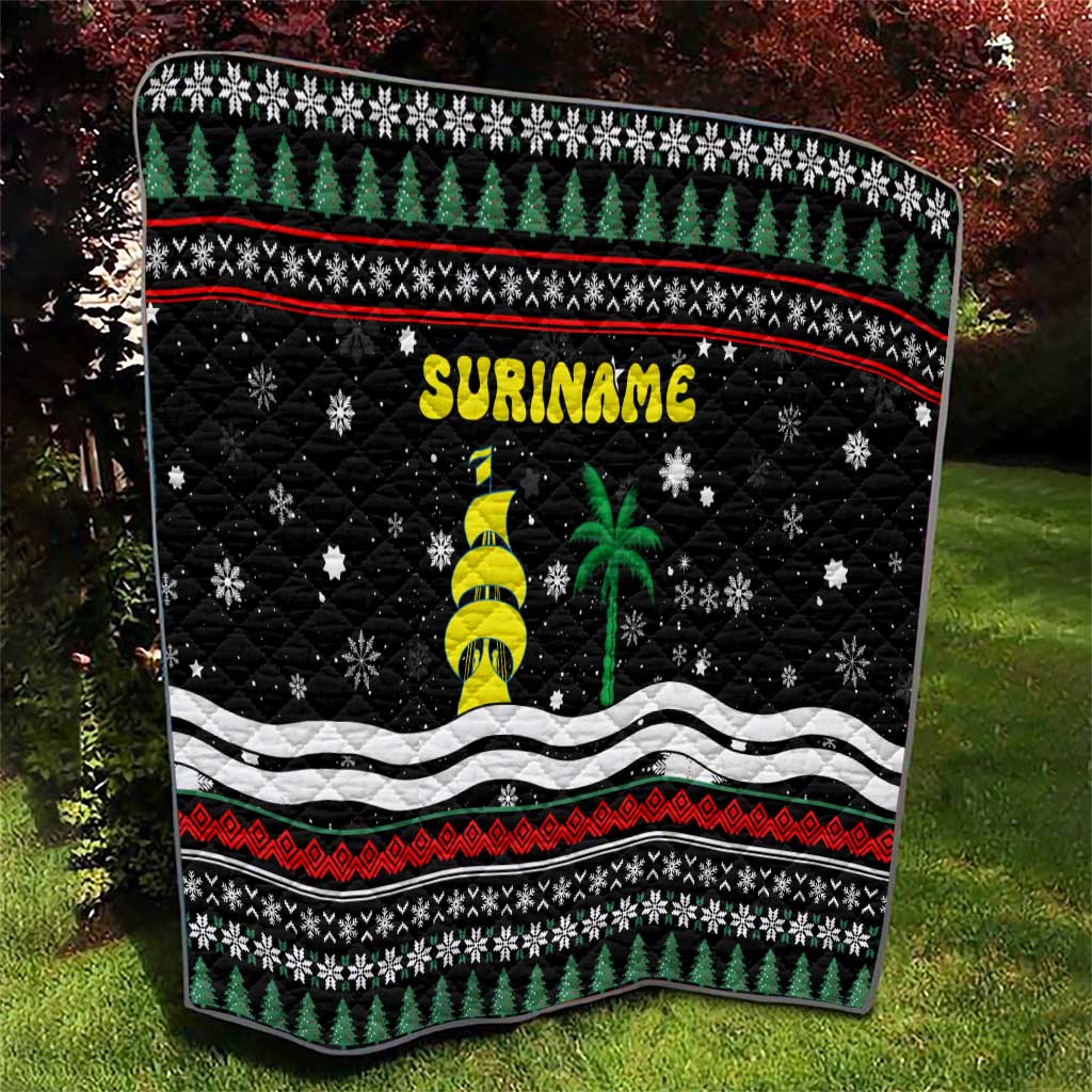 Suriname Christmas Quilt with Black Festive Pattern, Golden Ship, Palm Tree, and Coat of Arms Motif - Wonder Print Shop