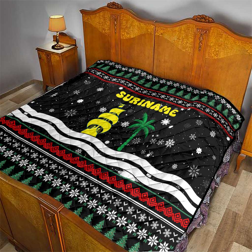 Suriname Christmas Quilt with Black Festive Pattern, Golden Ship, Palm Tree, and Coat of Arms Motif - Wonder Print Shop