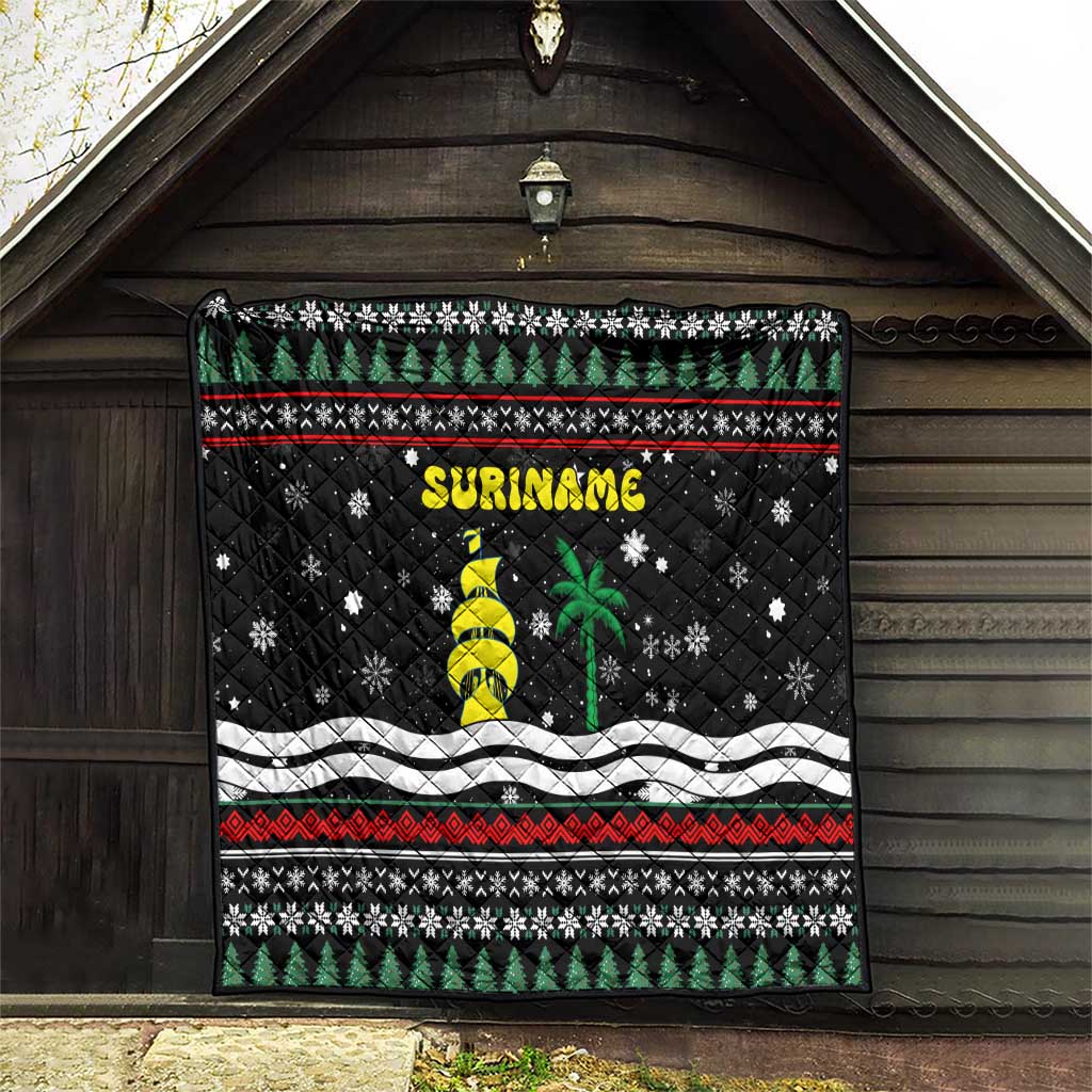 Suriname Christmas Quilt with Black Festive Pattern, Golden Ship, Palm Tree, and Coat of Arms Motif - Wonder Print Shop