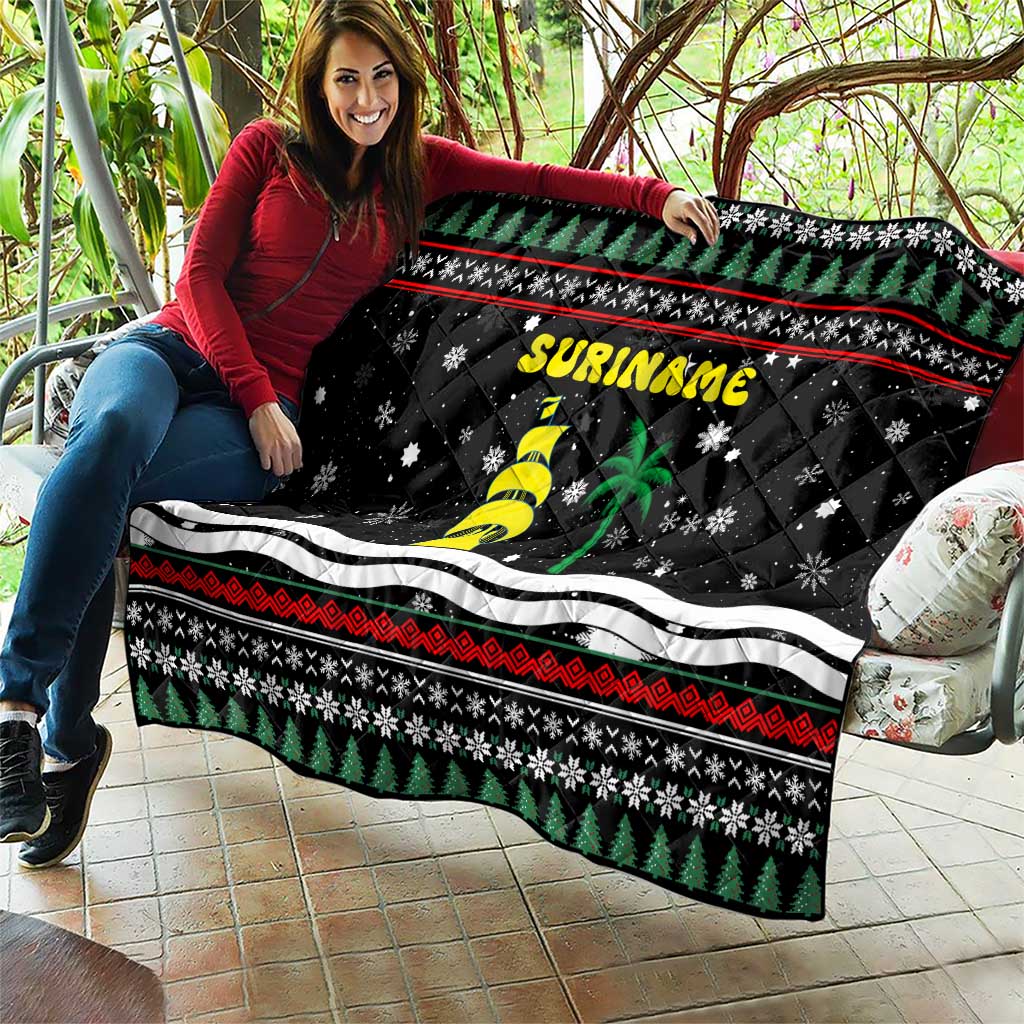 Suriname Christmas Quilt with Black Festive Pattern, Golden Ship, Palm Tree, and Coat of Arms Motif - Wonder Print Shop