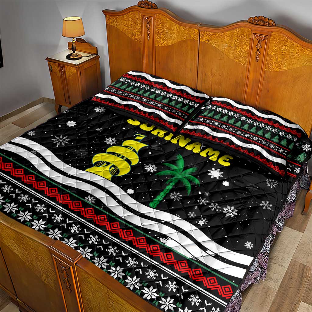 Suriname Christmas Quilt Bed Set with Black Festive Pattern, Golden Ship, Palm Tree, and Coat of Arms Motif - Wonder Print Shop
