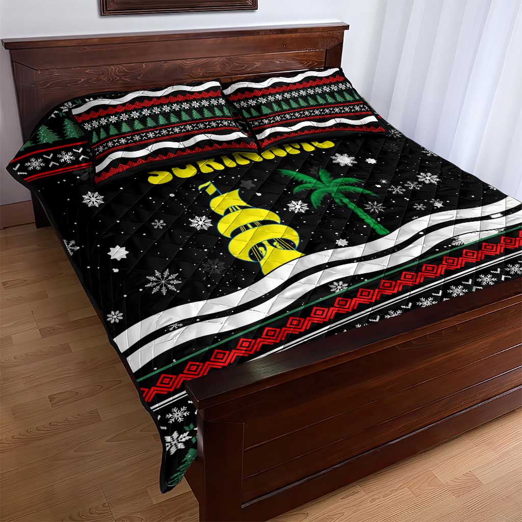 Suriname Christmas Quilt Bed Set with Black Festive Pattern, Golden Ship, Palm Tree, and Coat of Arms Motif - Wonder Print Shop