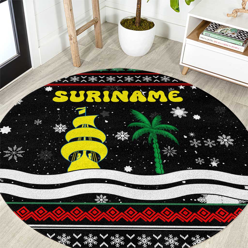 Suriname Christmas Round Carpet with Black Festive Pattern, Golden Ship, Palm Tree, and Coat of Arms Motif - Wonder Print Shop