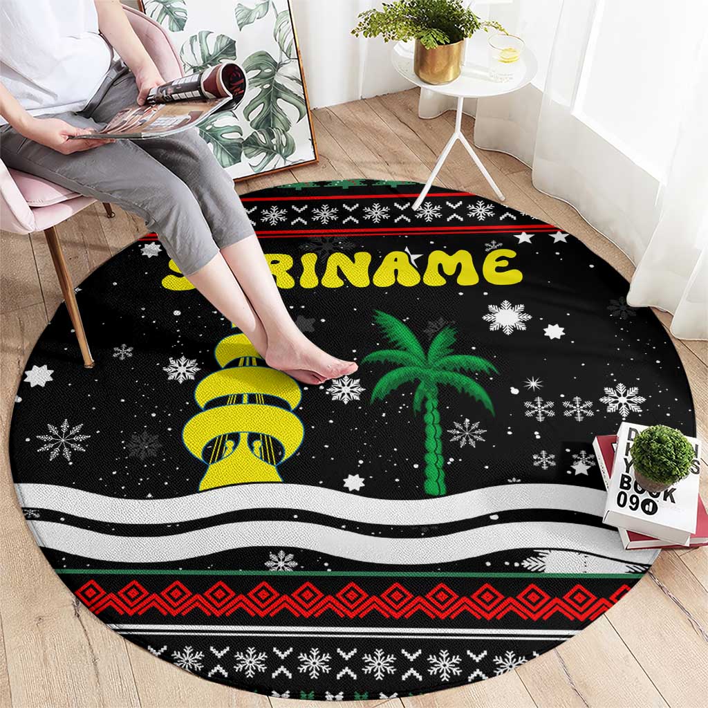 Suriname Christmas Round Carpet with Black Festive Pattern, Golden Ship, Palm Tree, and Coat of Arms Motif - Wonder Print Shop