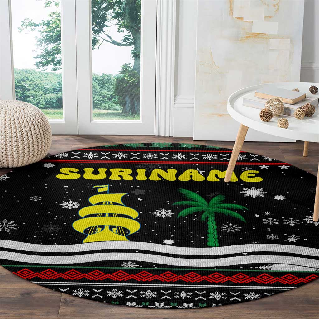 Suriname Christmas Round Carpet with Black Festive Pattern, Golden Ship, Palm Tree, and Coat of Arms Motif - Wonder Print Shop