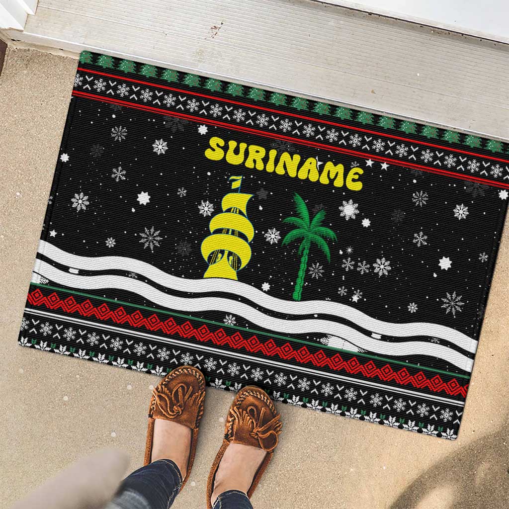 Suriname Christmas Rubber Doormat with Black Festive Pattern, Golden Ship, Palm Tree, and Coat of Arms Motif - Wonder Print Shop