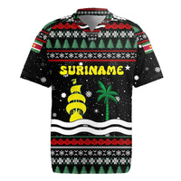 Suriname Christmas Rugby Jersey with Black Festive Pattern, Golden Ship, Palm Tree, and Coat of Arms Motif - Wonder Print Shop