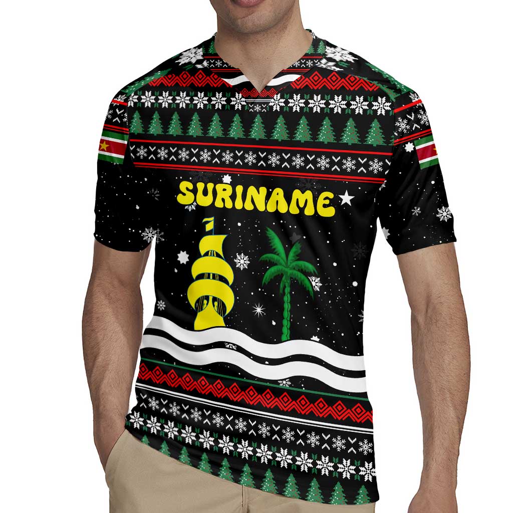 Suriname Christmas Rugby Jersey with Black Festive Pattern, Golden Ship, Palm Tree, and Coat of Arms Motif - Wonder Print Shop