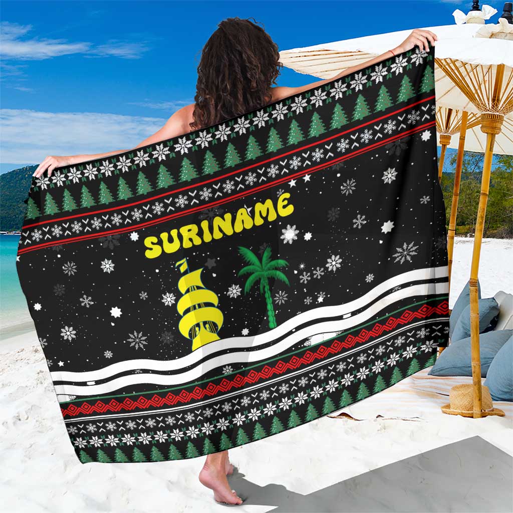 Suriname Christmas Sarong with Black Festive Pattern, Golden Ship, Palm Tree, and Coat of Arms Motif - Wonder Print Shop
