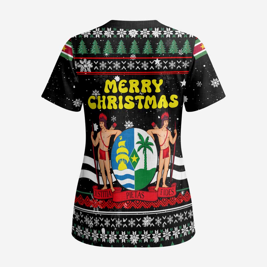 Suriname Christmas Scrub Top with Black Festive Pattern, Golden Ship, Palm Tree, and Coat of Arms Motif - Wonder Print Shop