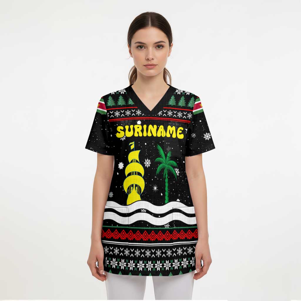 Suriname Christmas Scrub Top with Black Festive Pattern, Golden Ship, Palm Tree, and Coat of Arms Motif - Wonder Print Shop
