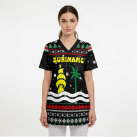 Suriname Christmas Scrub Top with Black Festive Pattern, Golden Ship, Palm Tree, and Coat of Arms Motif - Wonder Print Shop