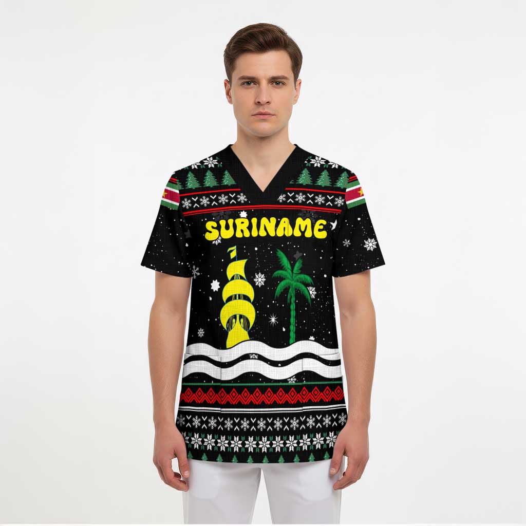 Suriname Christmas Scrub Top with Black Festive Pattern, Golden Ship, Palm Tree, and Coat of Arms Motif - Wonder Print Shop