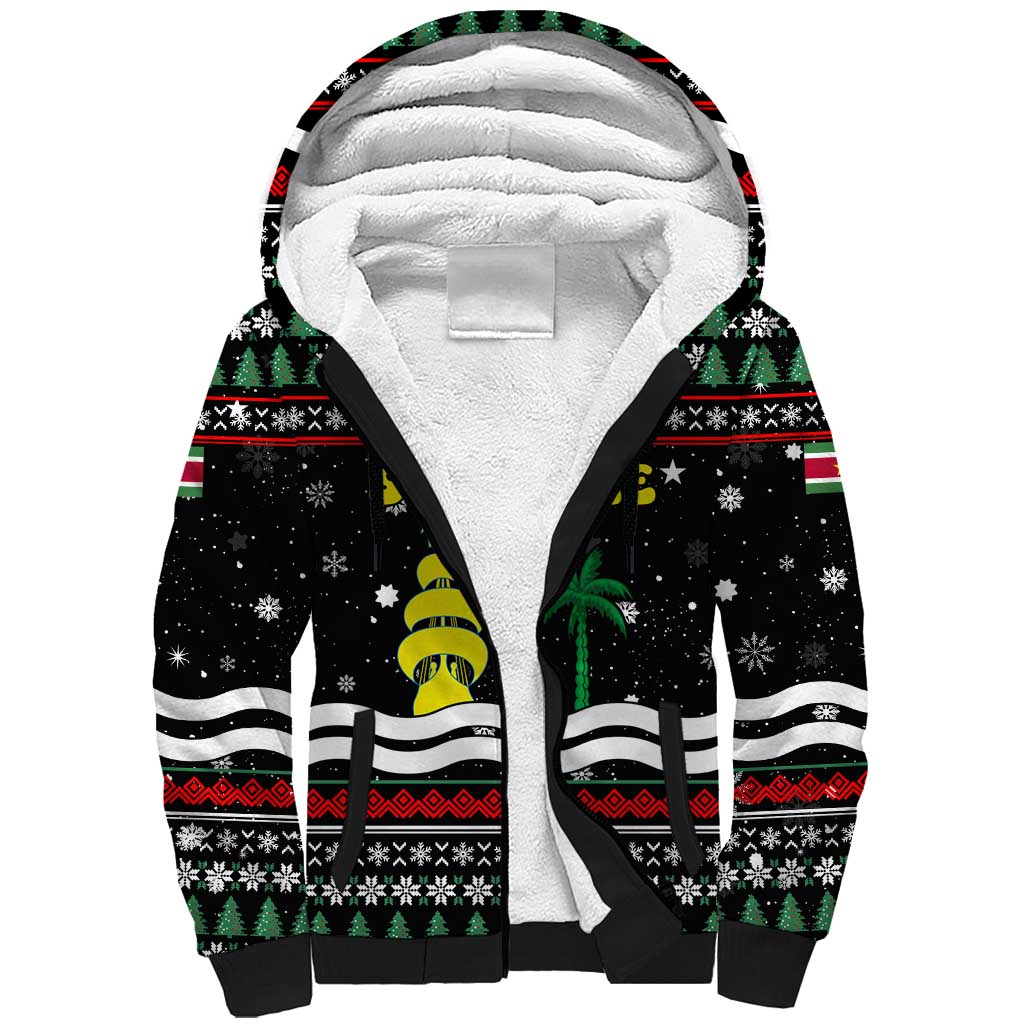 Suriname Christmas Sherpa Hoodie with Black Festive Pattern, Golden Ship, Palm Tree, and Coat of Arms Motif - Wonder Print Shop