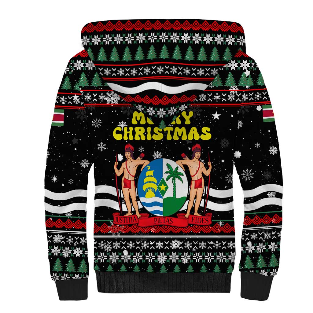 Suriname Christmas Sherpa Hoodie with Black Festive Pattern, Golden Ship, Palm Tree, and Coat of Arms Motif - Wonder Print Shop