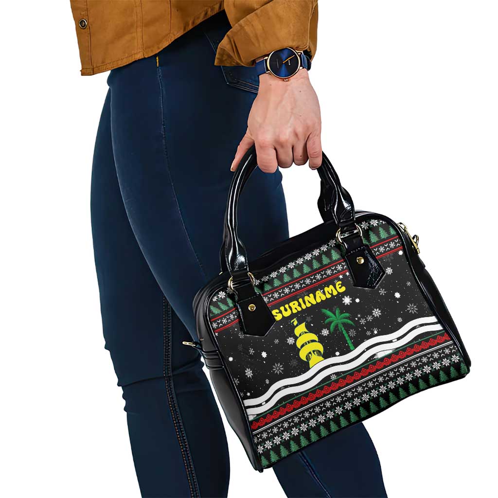 Suriname Christmas Shoulder Handbag with Black Festive Pattern, Golden Ship, Palm Tree, and Coat of Arms Motif - Wonder Print Shop