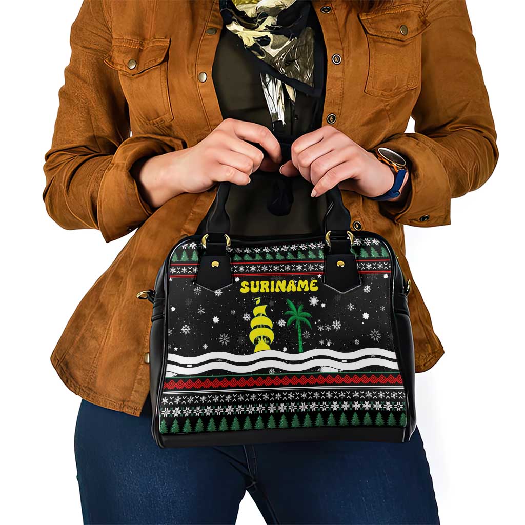 Suriname Christmas Shoulder Handbag with Black Festive Pattern, Golden Ship, Palm Tree, and Coat of Arms Motif - Wonder Print Shop
