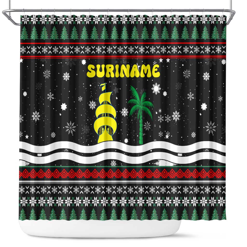 Suriname Christmas Shower Curtain with Black Festive Pattern, Golden Ship, Palm Tree, and Coat of Arms Motif - Wonder Print Shop