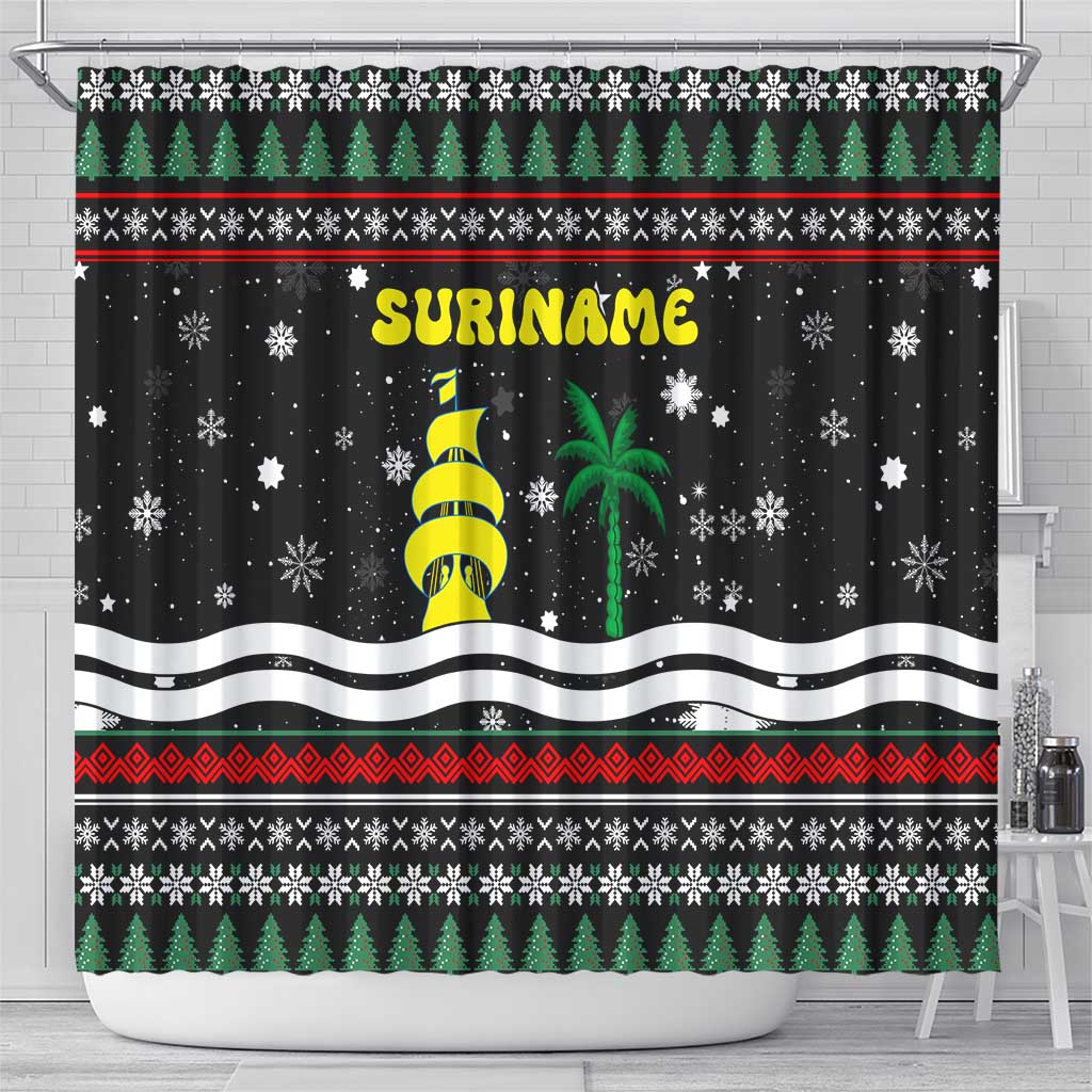 Suriname Christmas Shower Curtain with Black Festive Pattern, Golden Ship, Palm Tree, and Coat of Arms Motif - Wonder Print Shop