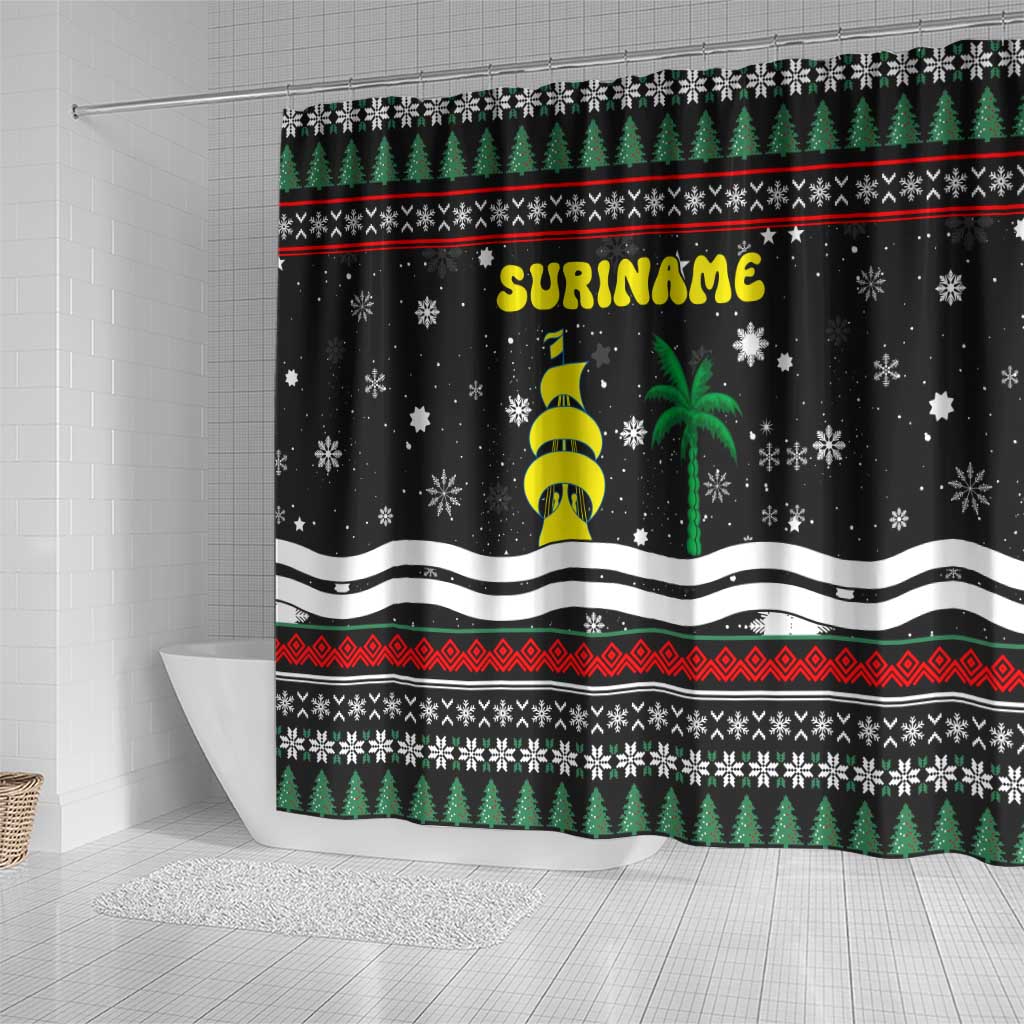 Suriname Christmas Shower Curtain with Black Festive Pattern, Golden Ship, Palm Tree, and Coat of Arms Motif - Wonder Print Shop