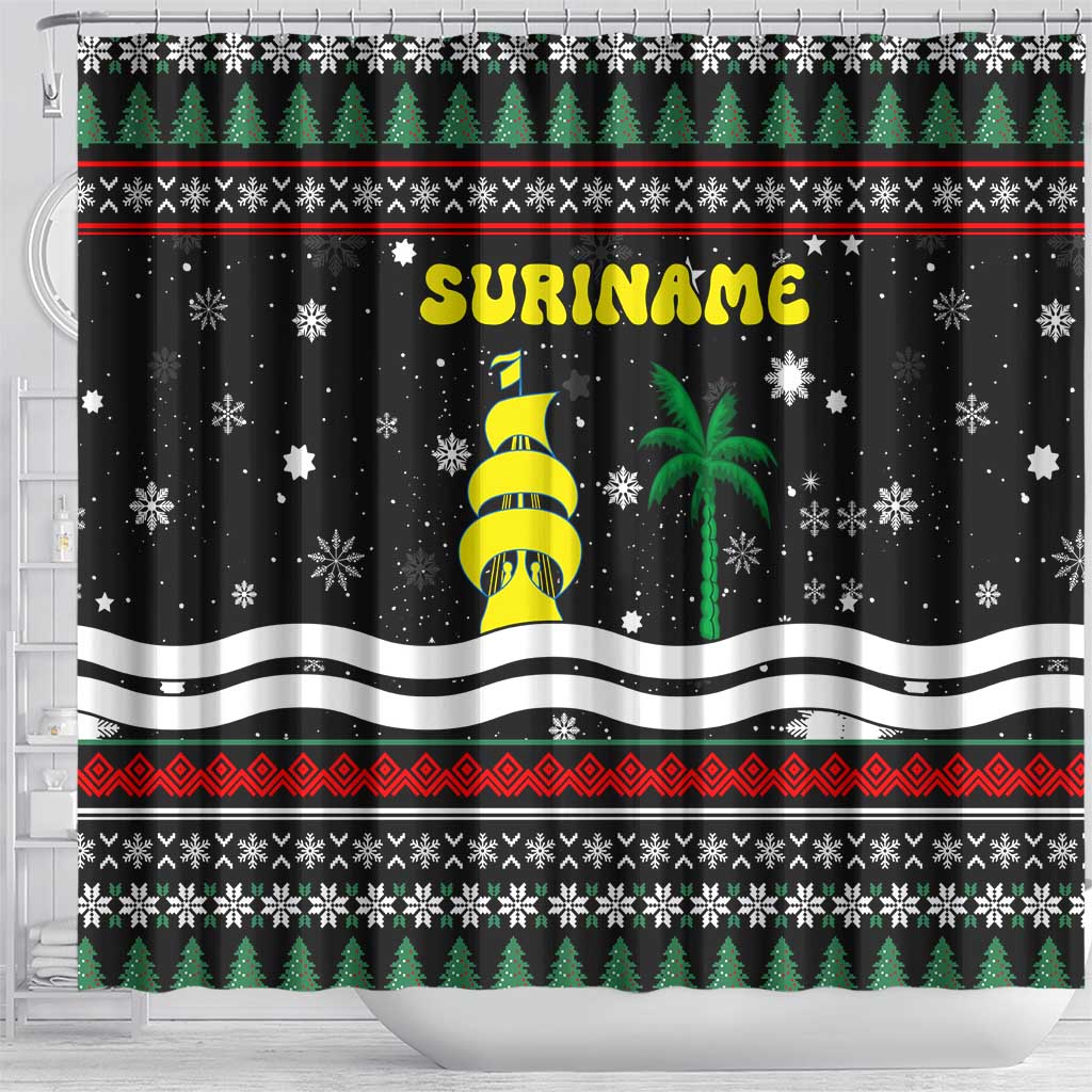 Suriname Christmas Shower Curtain with Black Festive Pattern, Golden Ship, Palm Tree, and Coat of Arms Motif - Wonder Print Shop