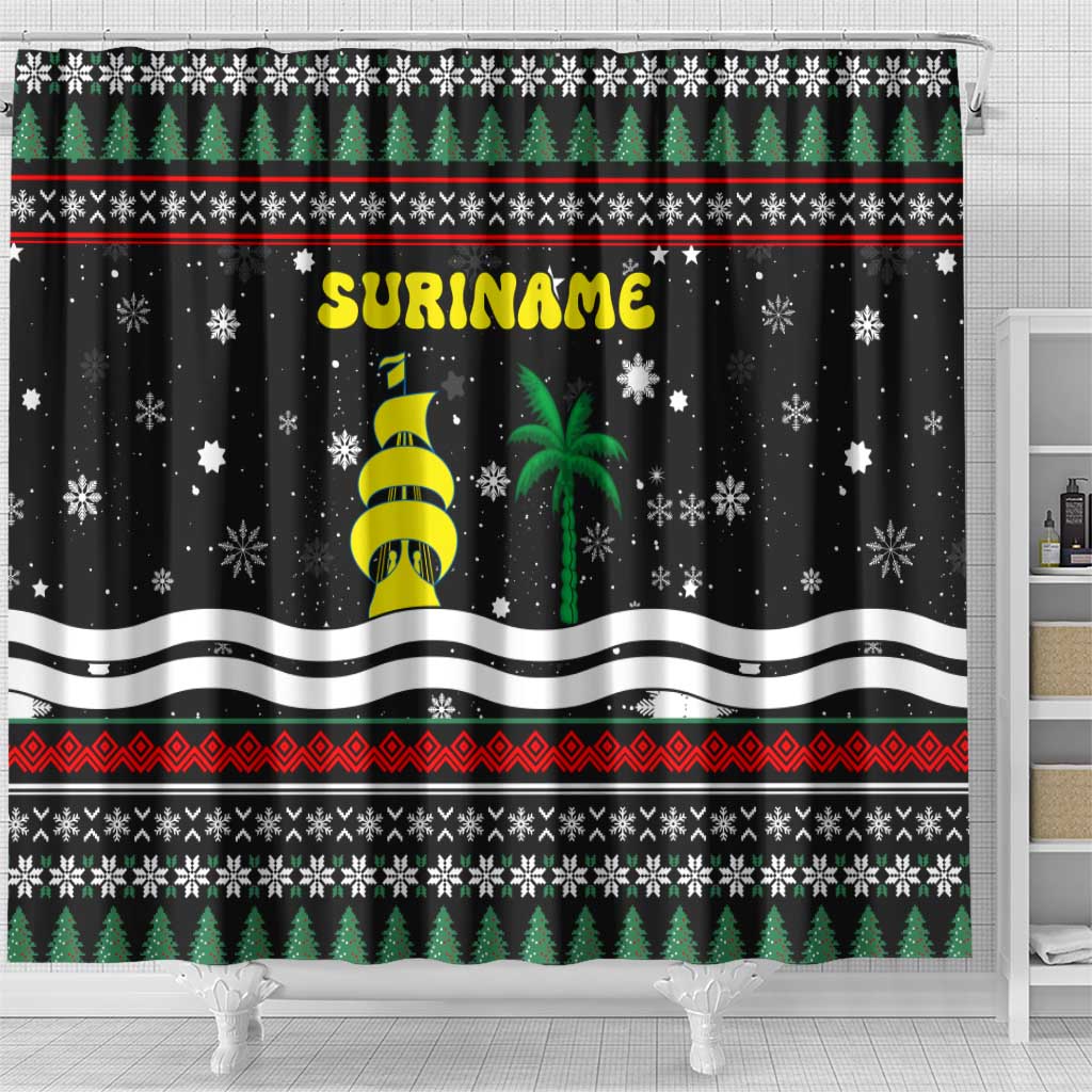 Suriname Christmas Shower Curtain with Black Festive Pattern, Golden Ship, Palm Tree, and Coat of Arms Motif - Wonder Print Shop