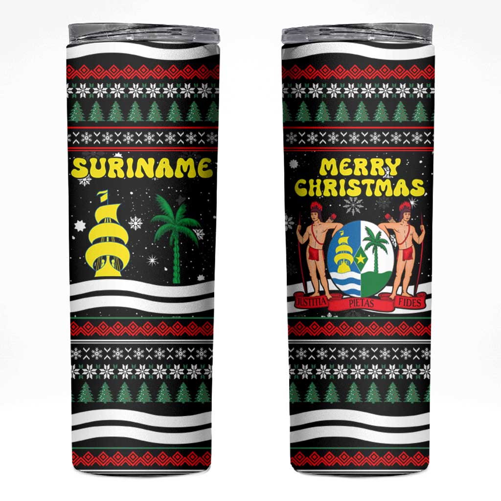 Suriname Christmas Skinny Tumbler with Black Festive Pattern, Golden Ship, Palm Tree, and Coat of Arms Motif - Wonder Print Shop