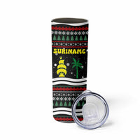 Suriname Christmas Skinny Tumbler with Black Festive Pattern, Golden Ship, Palm Tree, and Coat of Arms Motif - Wonder Print Shop