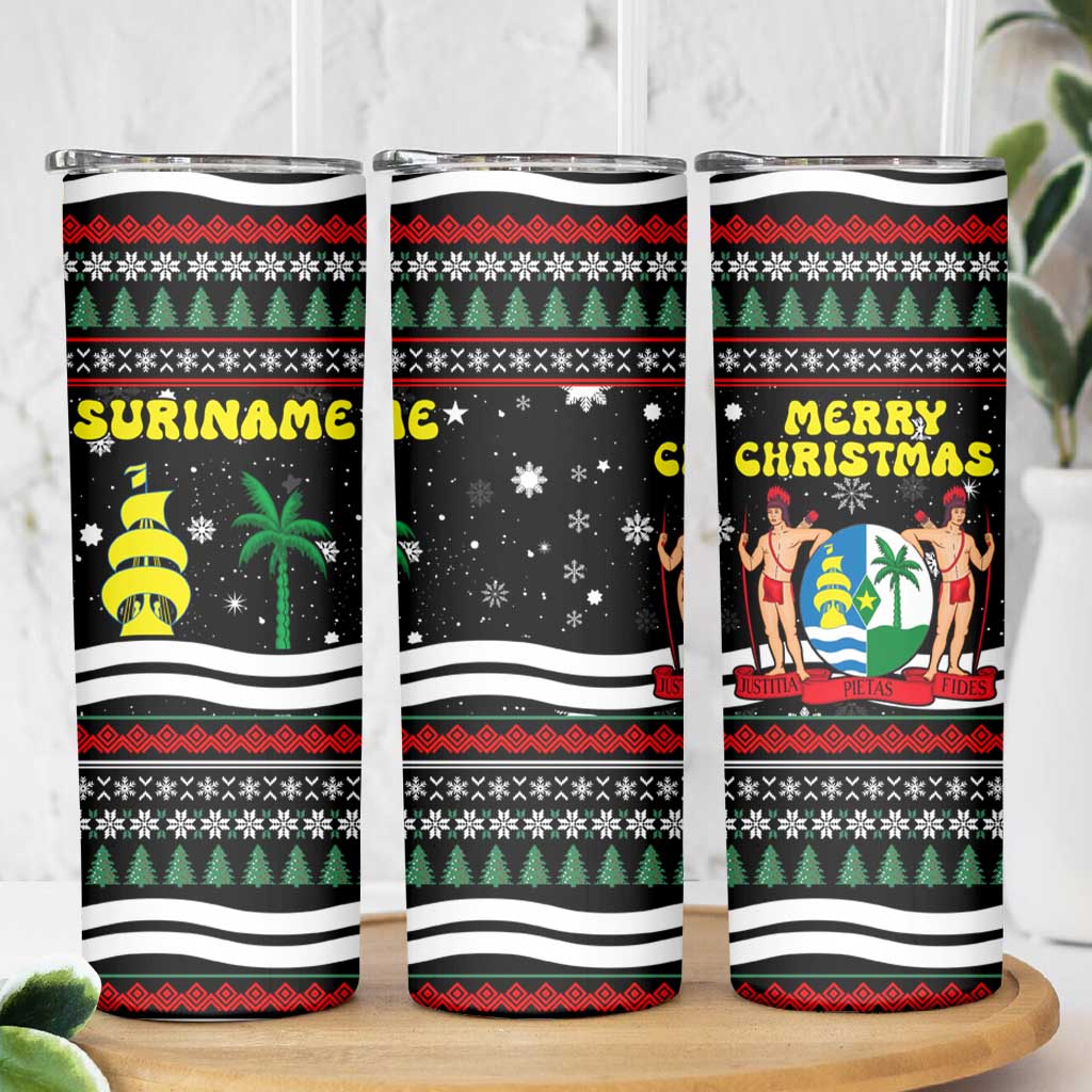 Suriname Christmas Skinny Tumbler with Black Festive Pattern, Golden Ship, Palm Tree, and Coat of Arms Motif - Wonder Print Shop