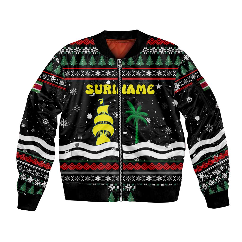 Suriname Christmas Sleeve Zip Bomber Jacket with Black Festive Pattern, Golden Ship, Palm Tree, and Coat of Arms Motif - Wonder Print Shop