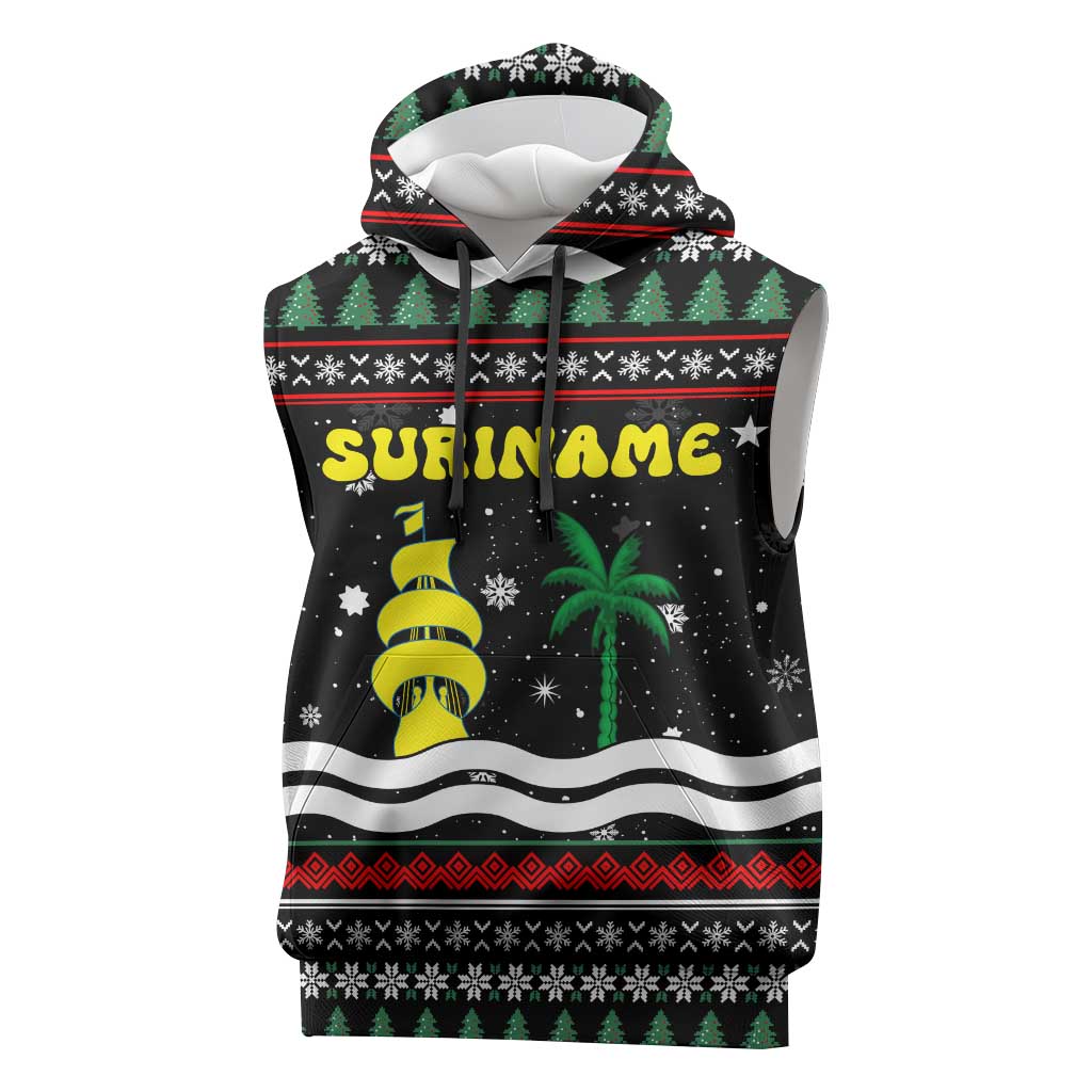 Suriname Christmas Sleeveless Hoodie with Black Festive Pattern, Golden Ship, Palm Tree, and Coat of Arms Motif - Wonder Print Shop