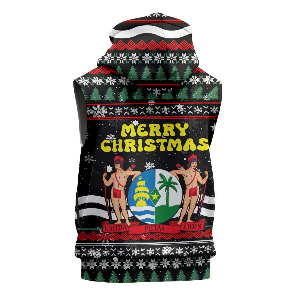 Suriname Christmas Sleeveless Hoodie with Black Festive Pattern, Golden Ship, Palm Tree, and Coat of Arms Motif - Wonder Print Shop