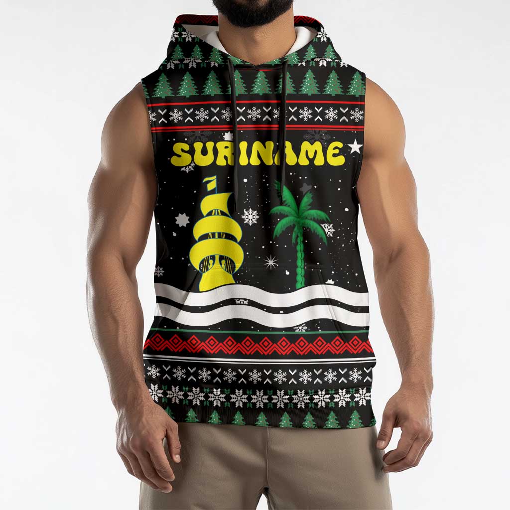 Suriname Christmas Sleeveless Hoodie with Black Festive Pattern, Golden Ship, Palm Tree, and Coat of Arms Motif - Wonder Print Shop