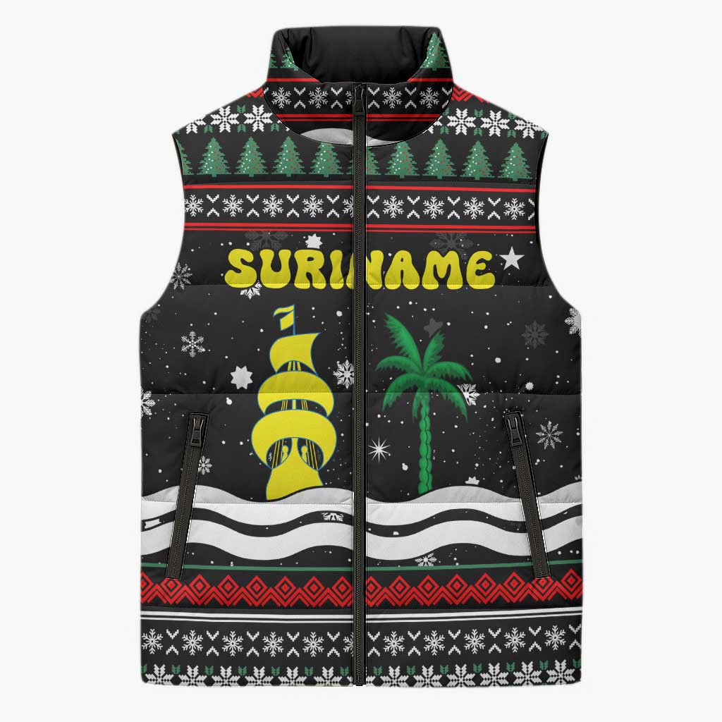 Suriname Christmas Sleeveless Puffer Jacket with Black Festive Pattern, Golden Ship, Palm Tree, and Coat of Arms Motif - Wonder Print Shop