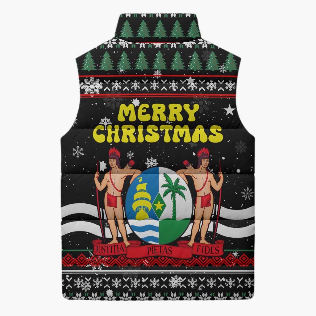 Suriname Christmas Sleeveless Puffer Jacket with Black Festive Pattern, Golden Ship, Palm Tree, and Coat of Arms Motif - Wonder Print Shop