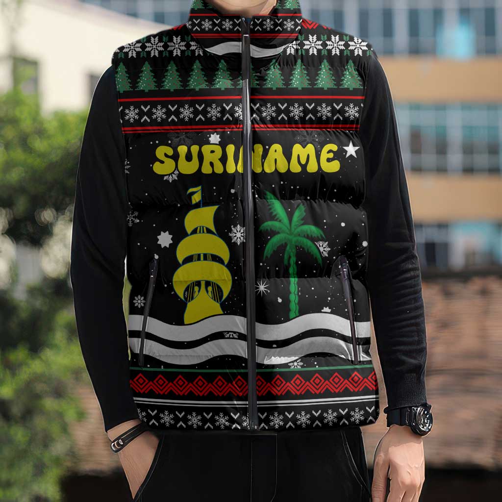 Suriname Christmas Sleeveless Puffer Jacket with Black Festive Pattern, Golden Ship, Palm Tree, and Coat of Arms Motif - Wonder Print Shop